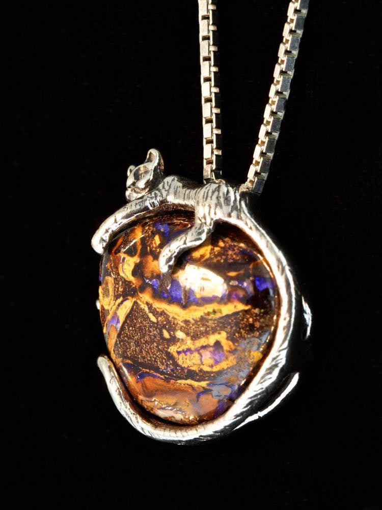 Sleeping Cat Pendant with Australian Boulder Opal - Silver