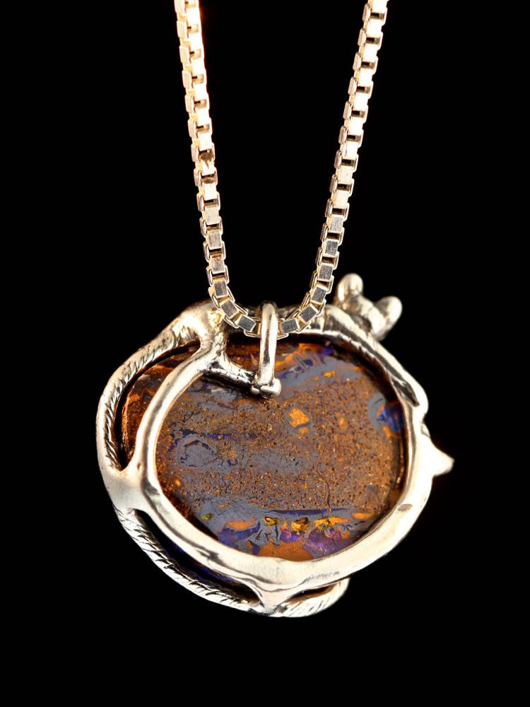 Sleeping Cat Pendant with Australian Boulder Opal - Silver