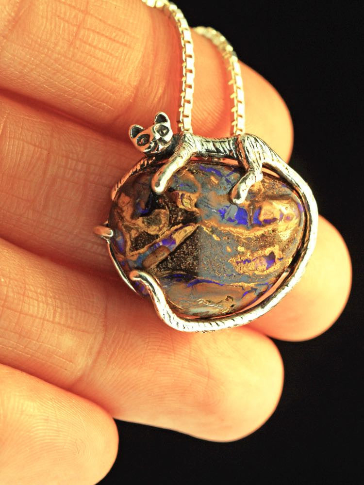 Sleeping Cat Pendant with Australian Boulder Opal - Silver