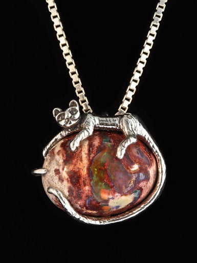 Sleeping Cat Pendant with Mexican Matrix Opal - Sterling Silver