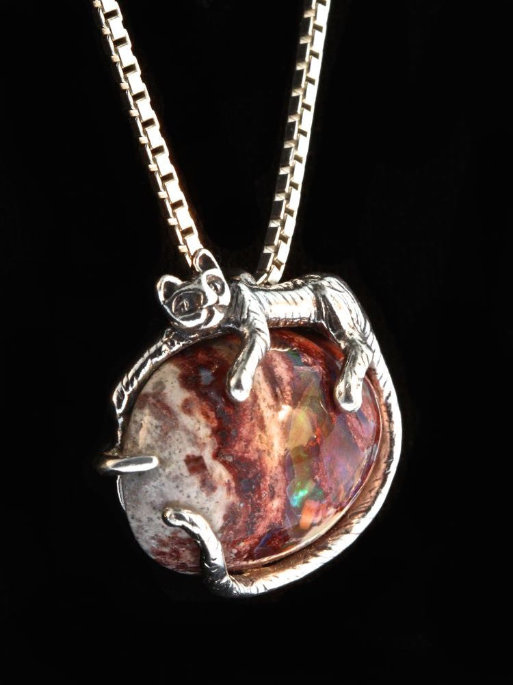 Sleeping Cat Pendant with Mexican Matrix Opal in Silver