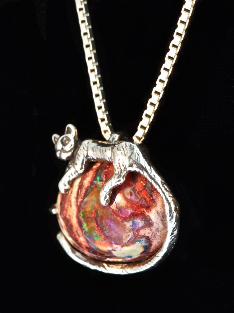 Sleeping Cat Pendant with Mexican Matrix Opal in Silver