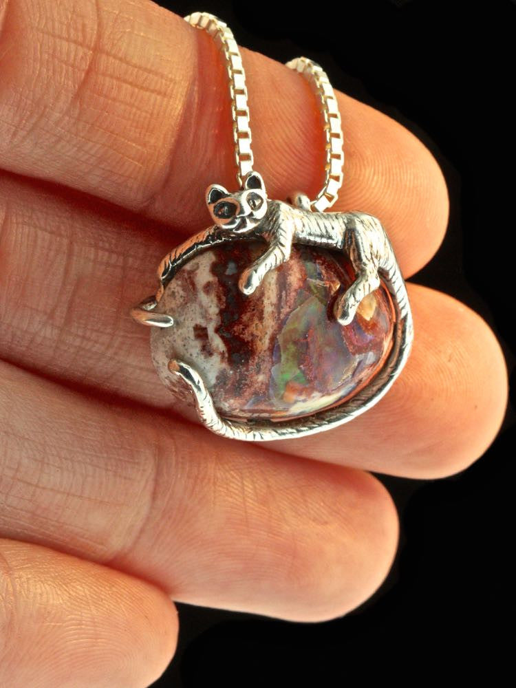 Sleeping Cat Pendant with Mexican Matrix Opal in Silver