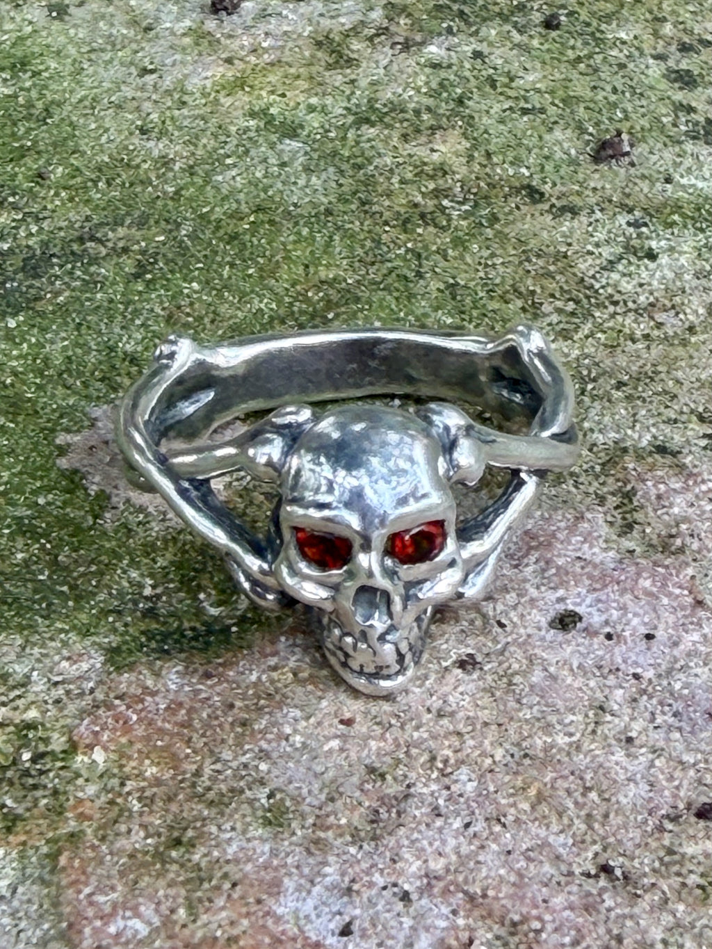 Medium Skull and Crossbones Ring with Gemstones - Sterling Silver