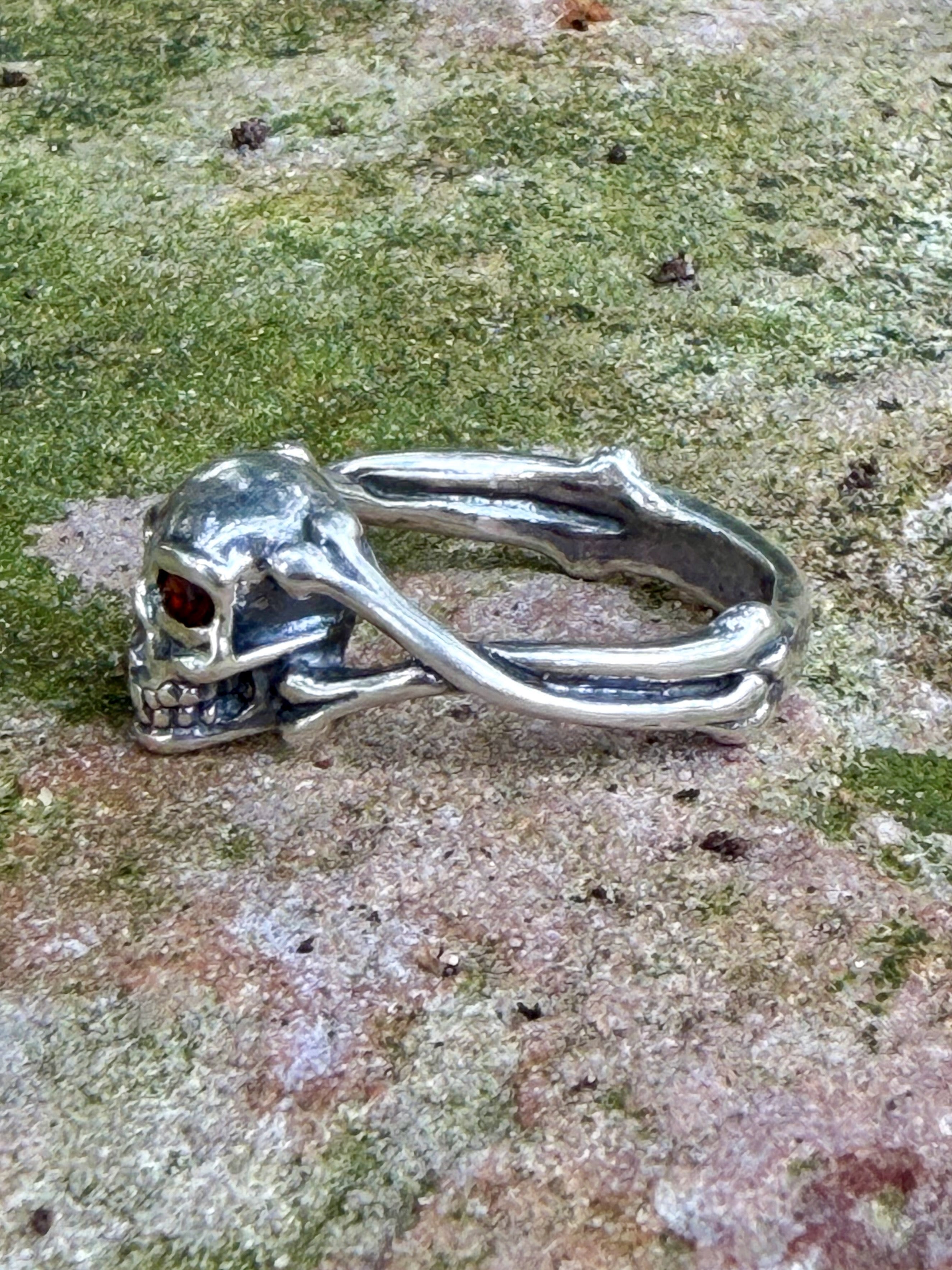 Medium Skull and Crossbones Ring with Gemstones - Sterling Silver