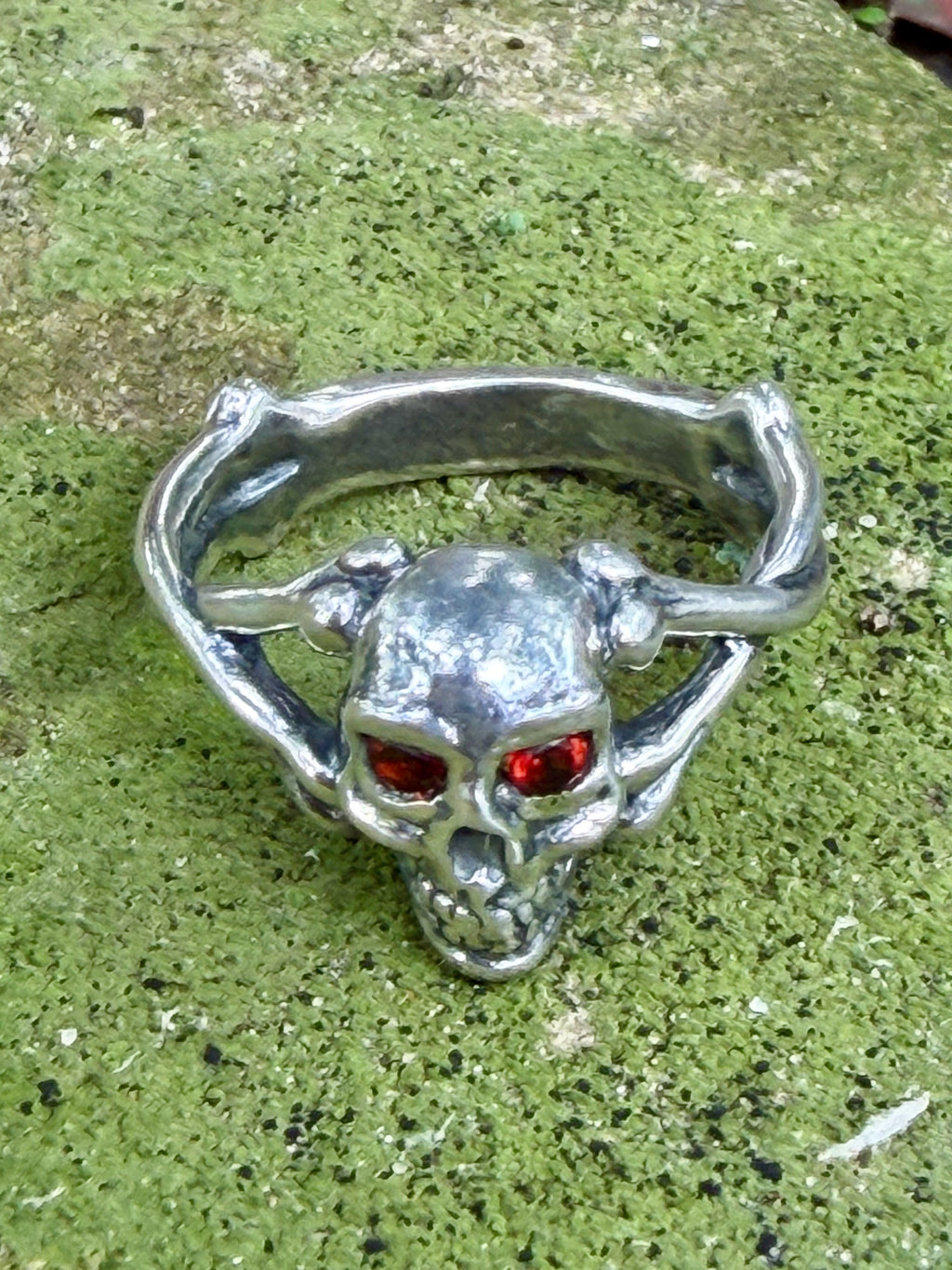 Medium Skull and Crossbones Ring with Gemstones - Sterling Silver