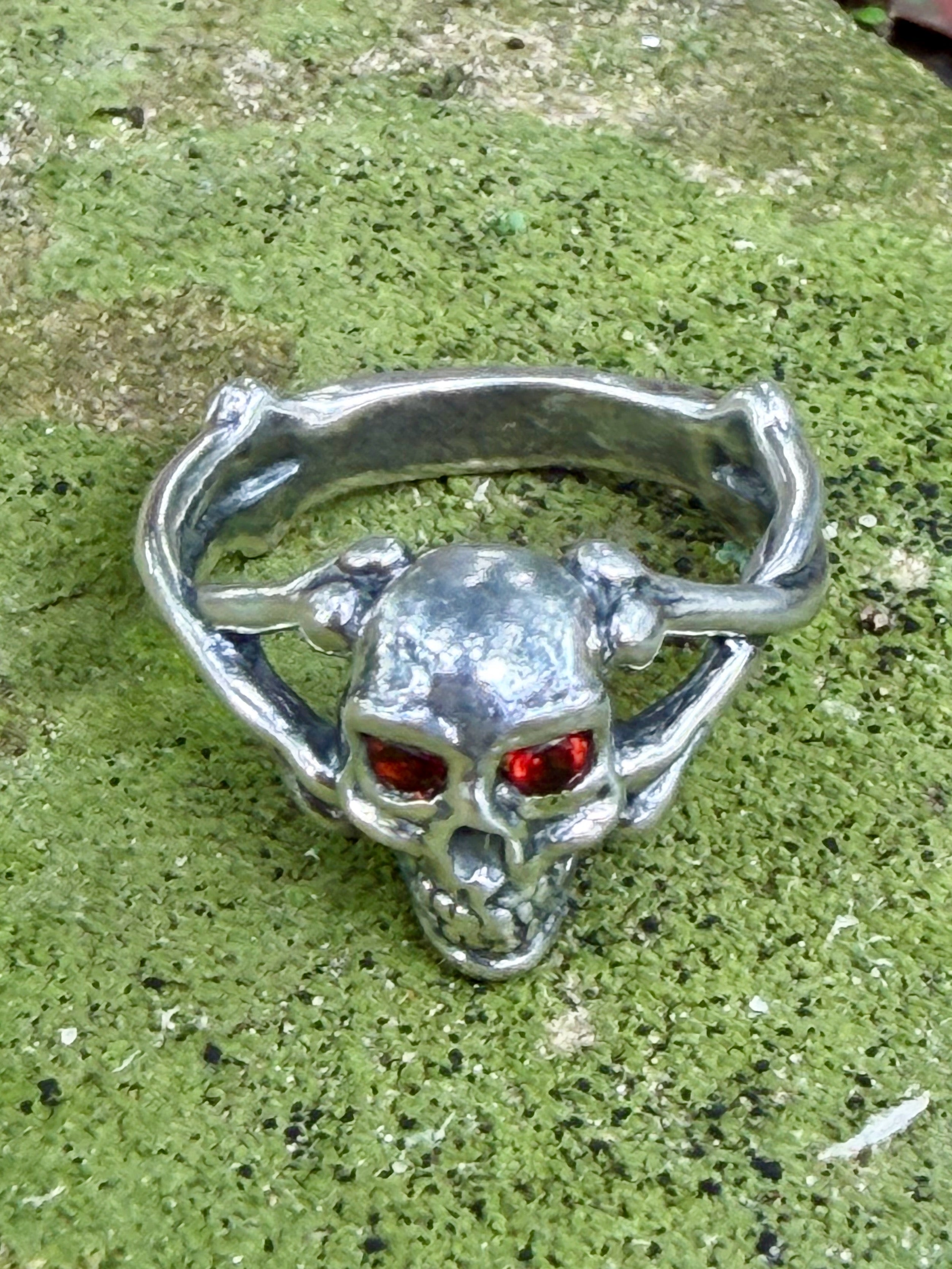Medium Skull and Crossbones Ring with Gemstones - Sterling Silver