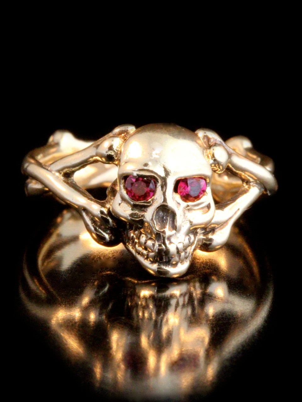 Skull and Crossbones Ring with Ruby Eyes -14k Gold