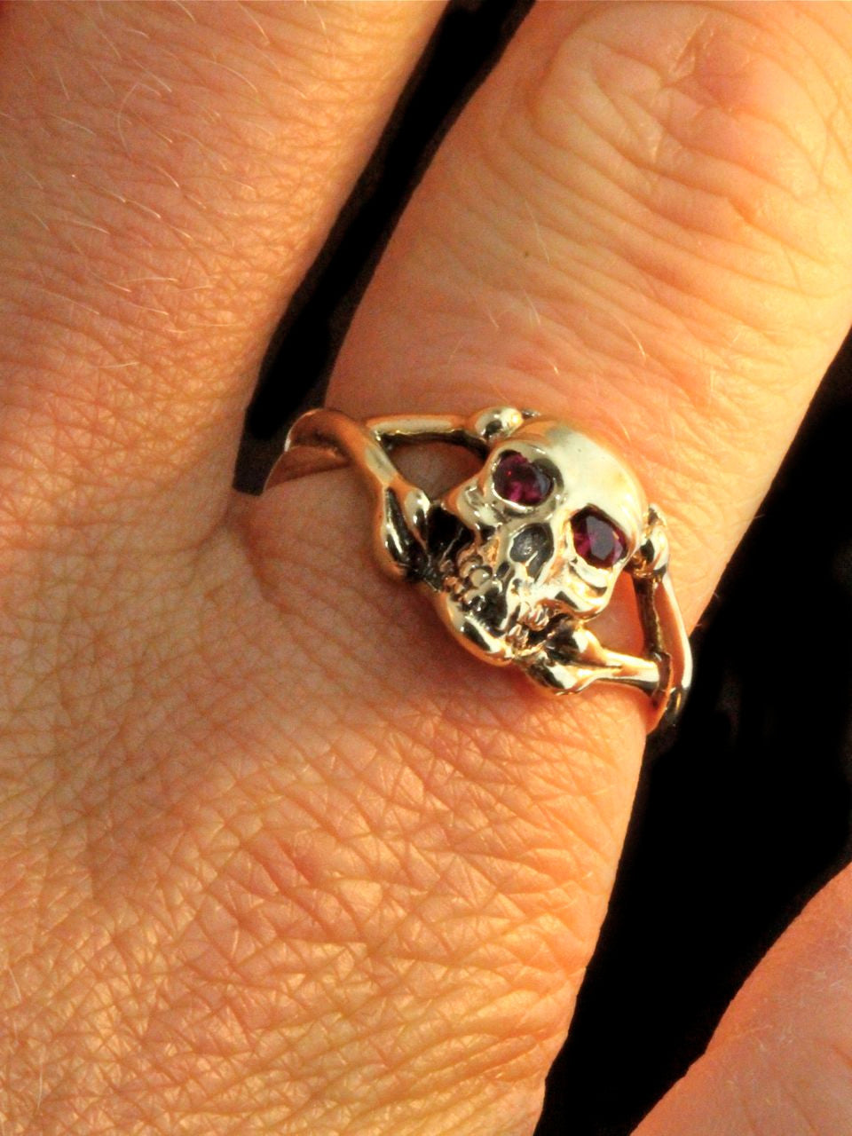 Skull and Crossbones Ring with Ruby Eyes -14k Gold