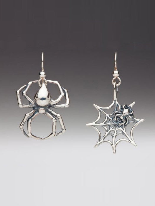 Large Spider and Spider Web Earrings - Silver