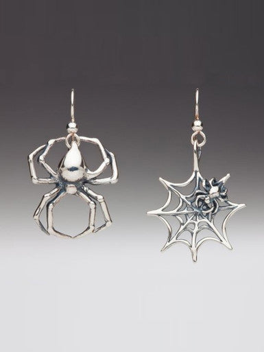Large Spider and Spider Web Earrings - Silver