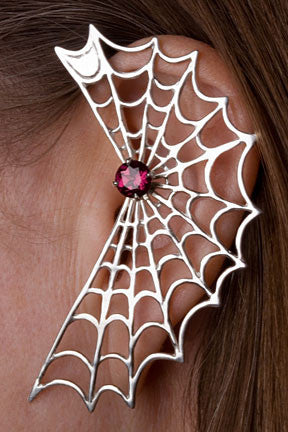 Spider Web Ear Wrap with Garnet - Silver