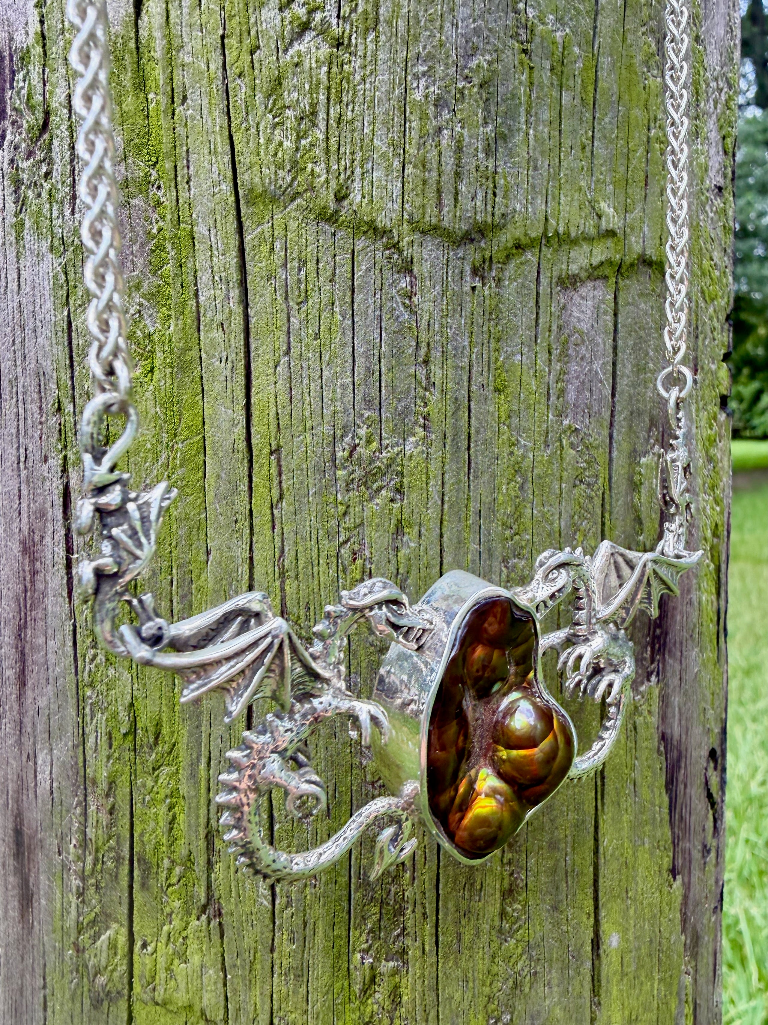 Spike Dragon Neckpiece with Arizona Fire Agate - Sterling Silver