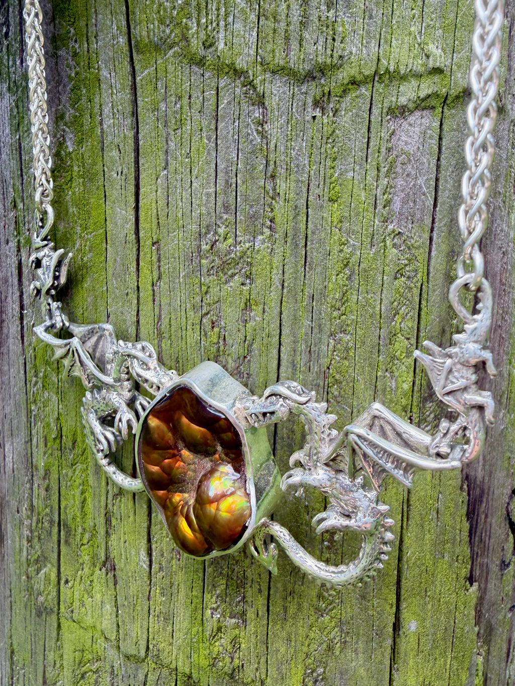 Spike Dragon Neckpiece with Arizona Fire Agate - Sterling Silver