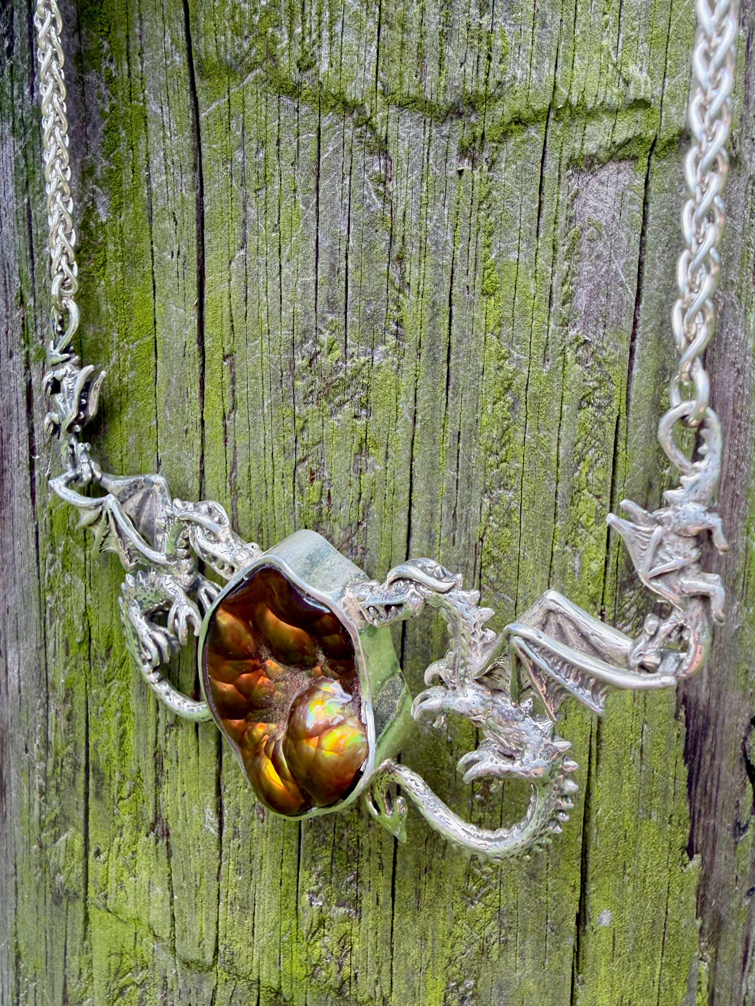 Spike Dragon Neckpiece with Arizona Fire Agate - Sterling Silver
