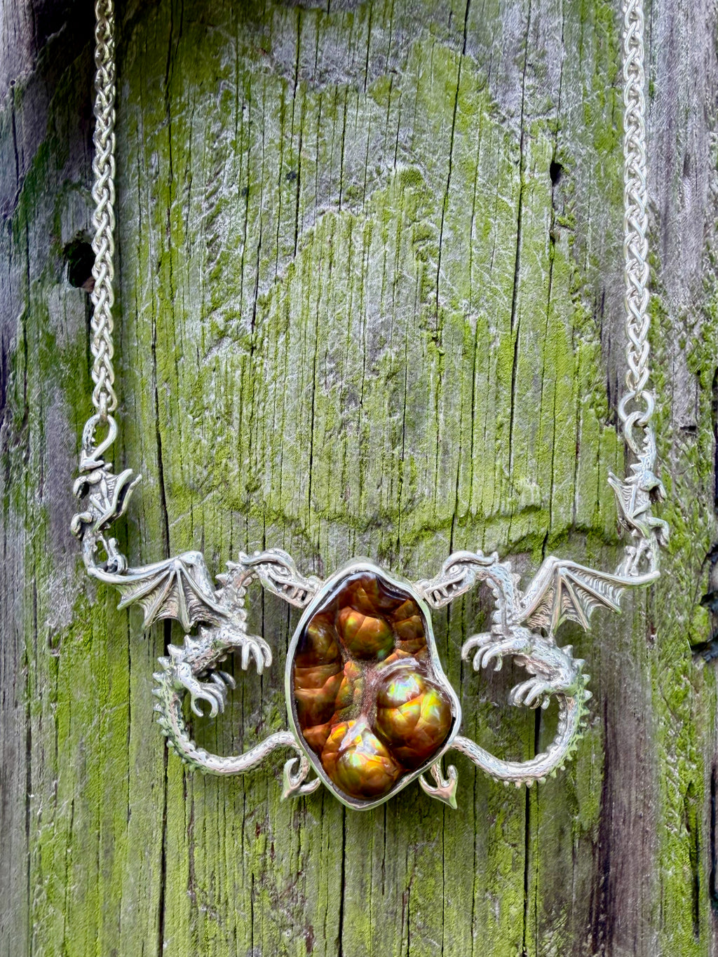 Spike Dragon Neckpiece with Arizona Fire Agate - Sterling Silver