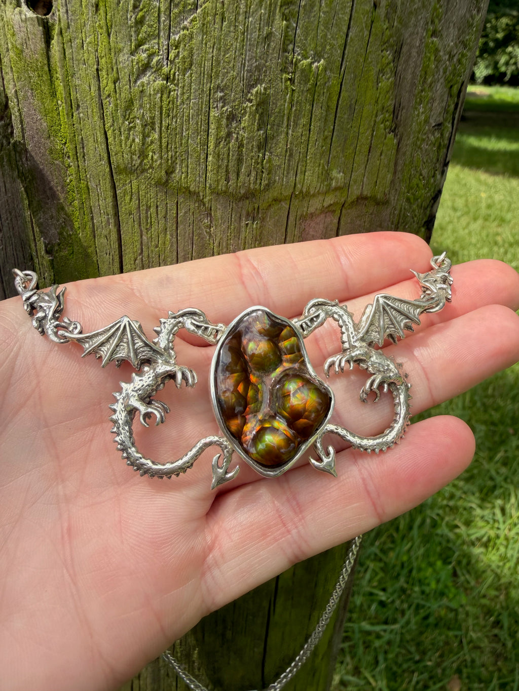 Spike Dragon Neckpiece with Arizona Fire Agate - Sterling Silver