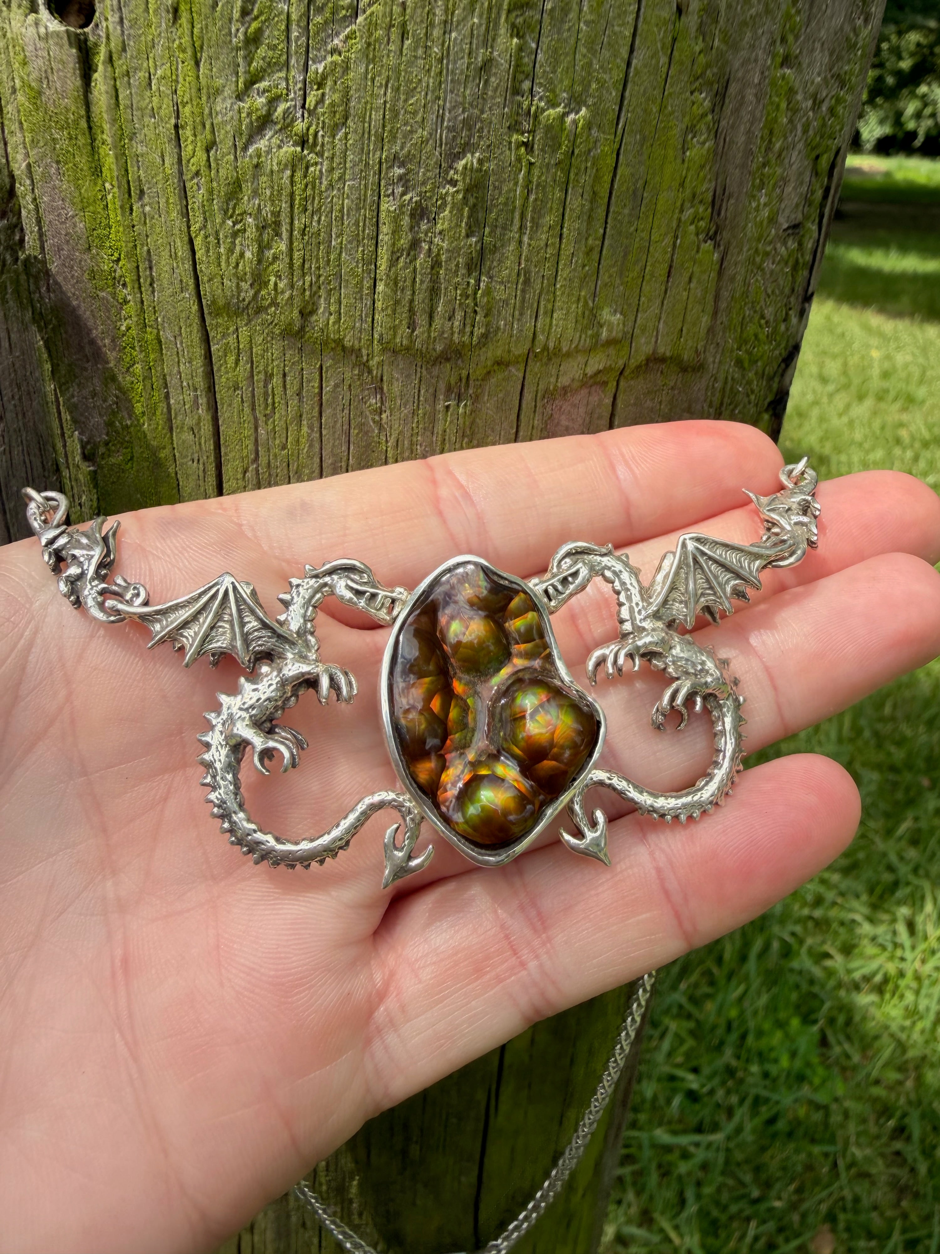 Spike Dragon Neckpiece with Arizona Fire Agate - Sterling Silver