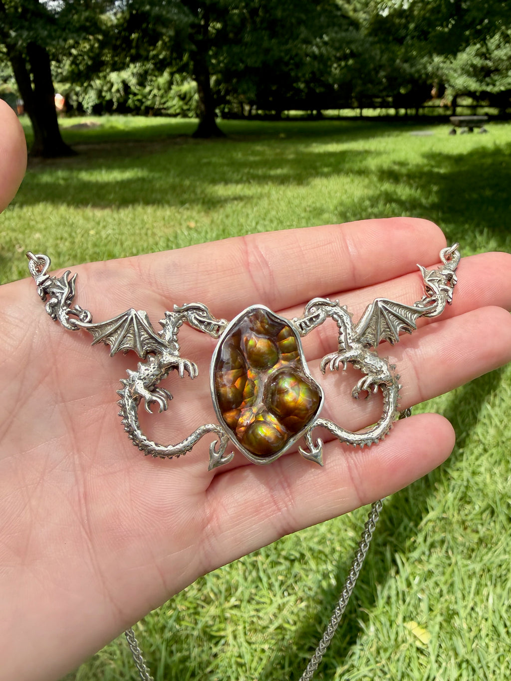 Spike Dragon Neckpiece with Arizona Fire Agate - Sterling Silver