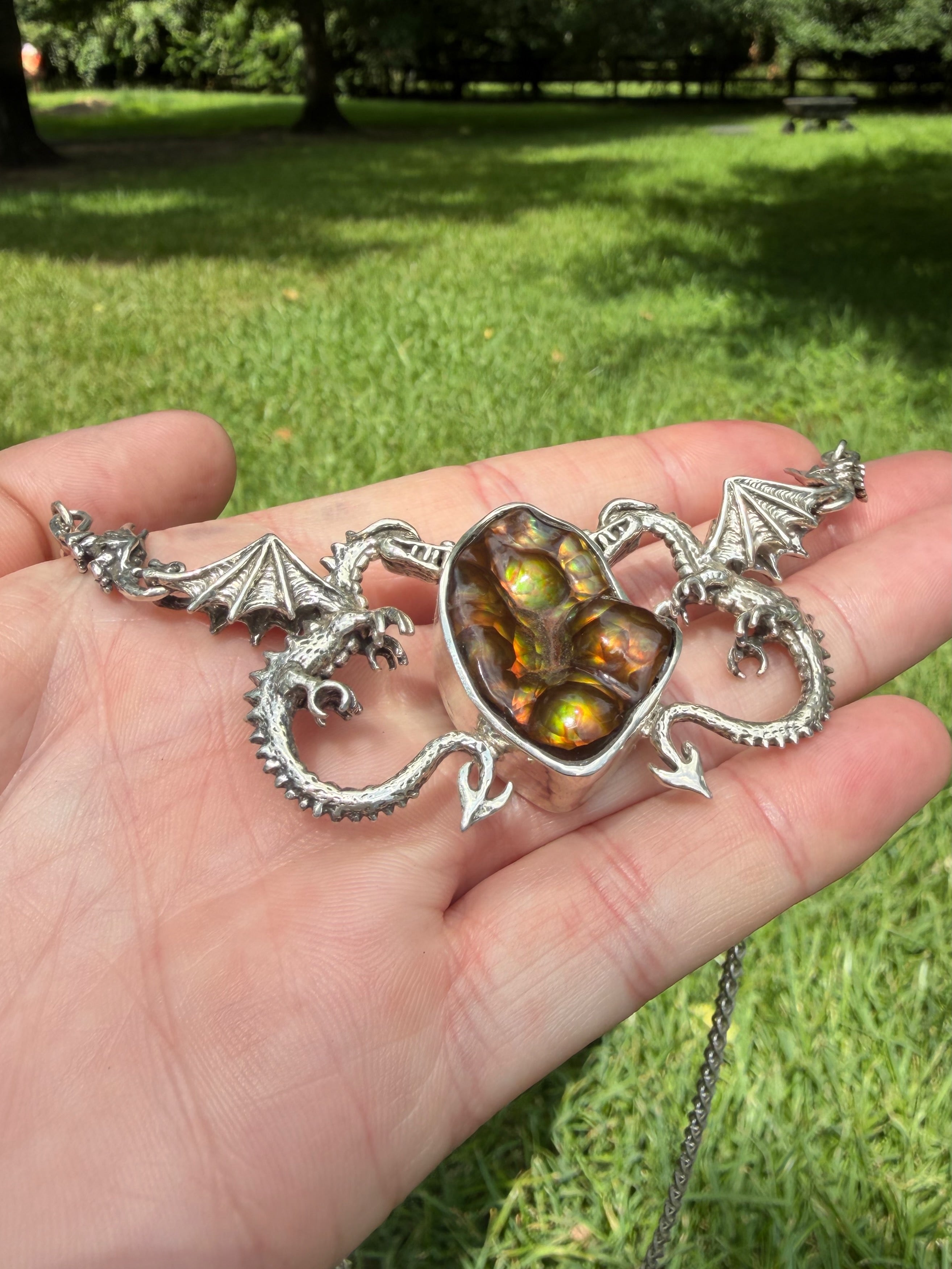 Spike Dragon Neckpiece with Arizona Fire Agate - Sterling Silver