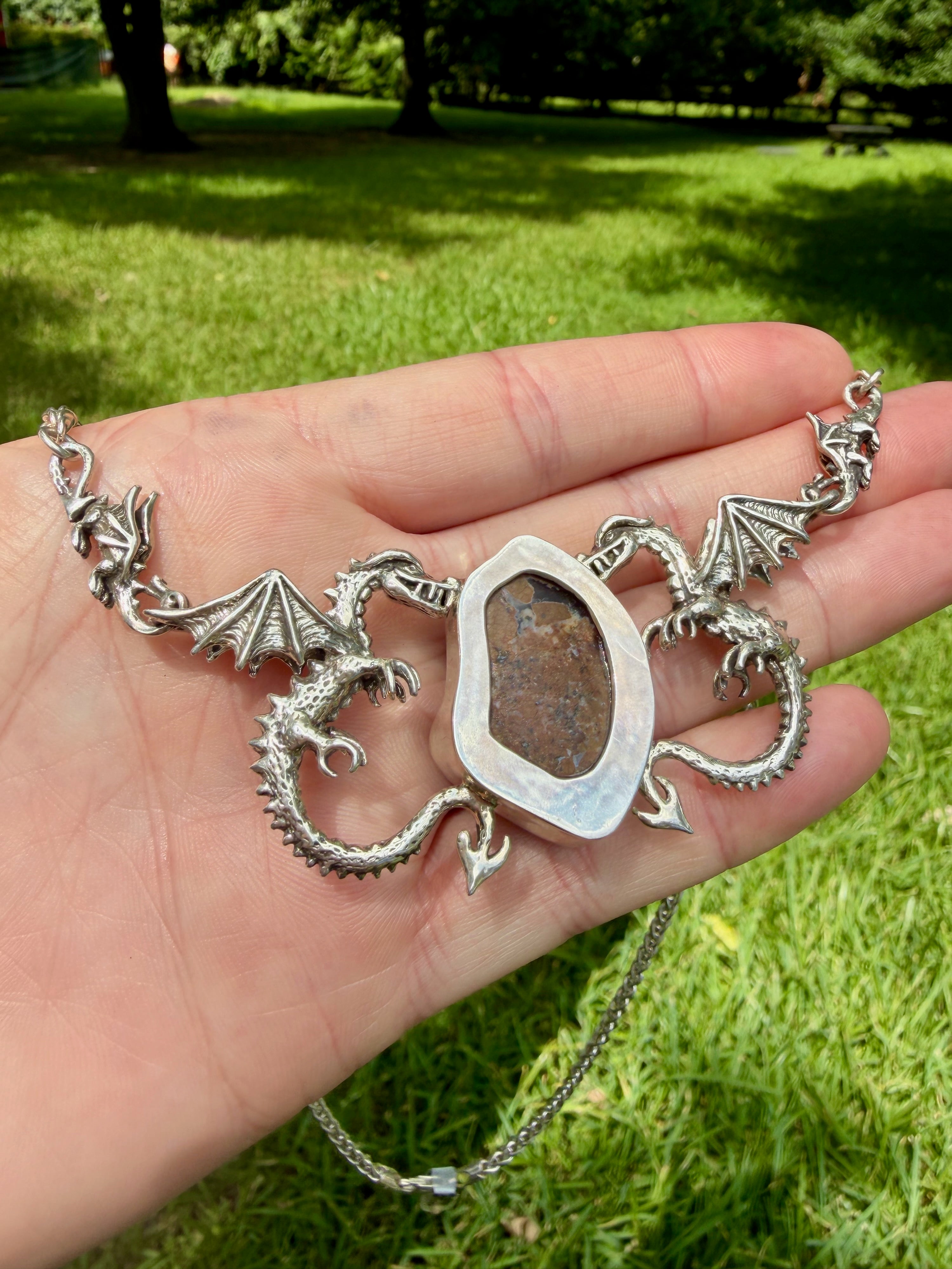 Spike Dragon Neckpiece with Arizona Fire Agate - Sterling Silver