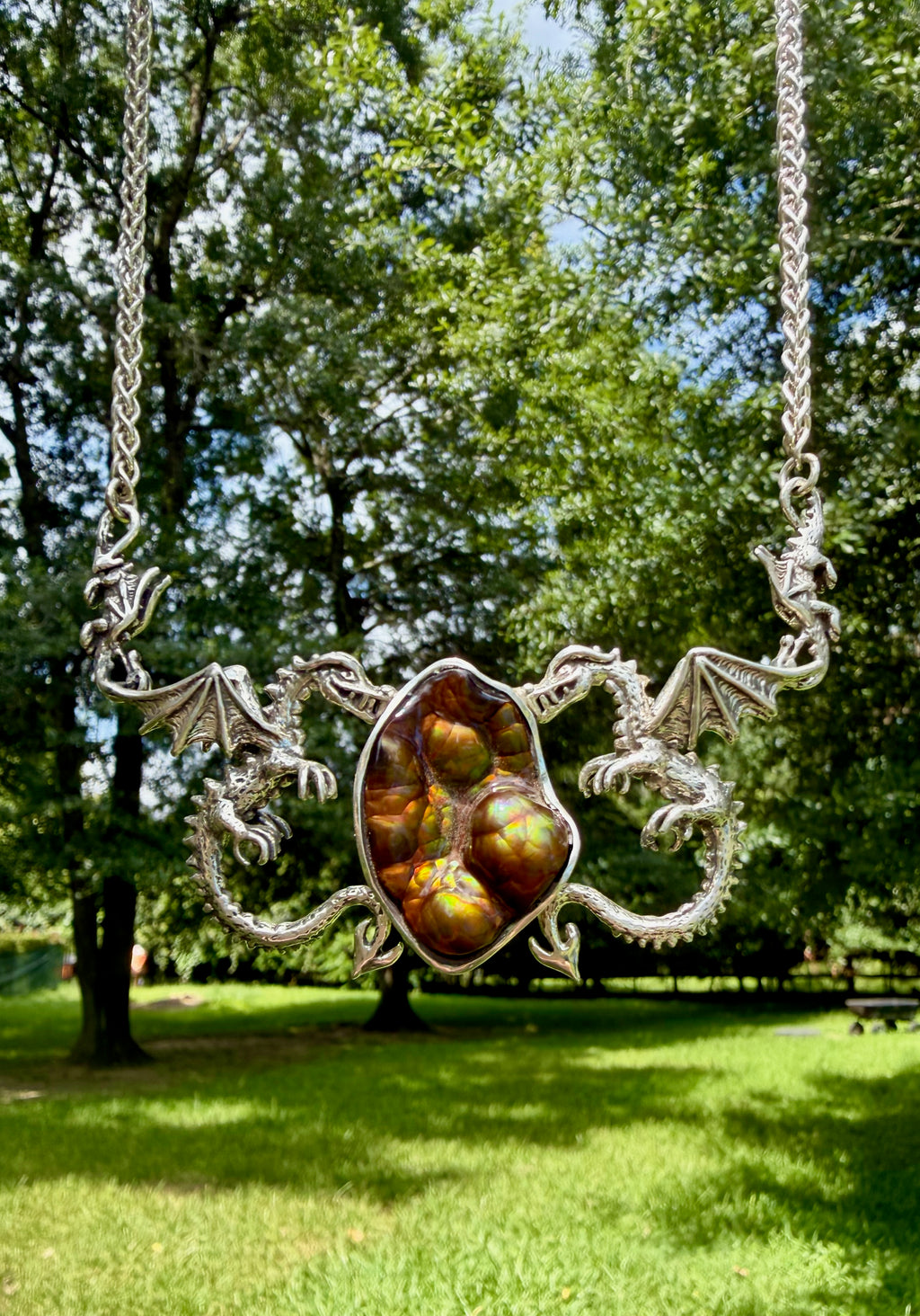 Spike Dragon Neckpiece with Arizona Fire Agate - Sterling Silver