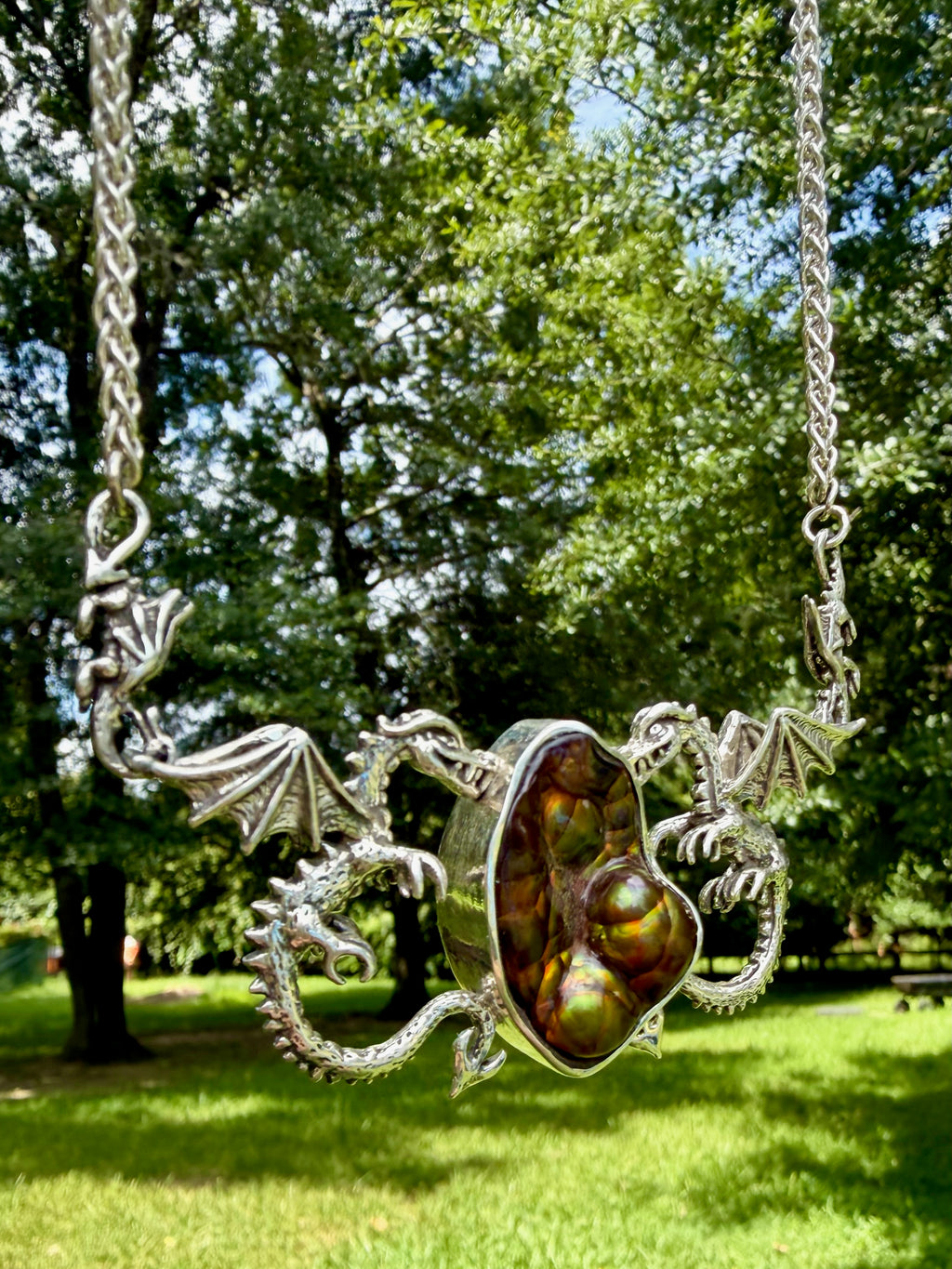 Spike Dragon Neckpiece with Arizona Fire Agate - Sterling Silver