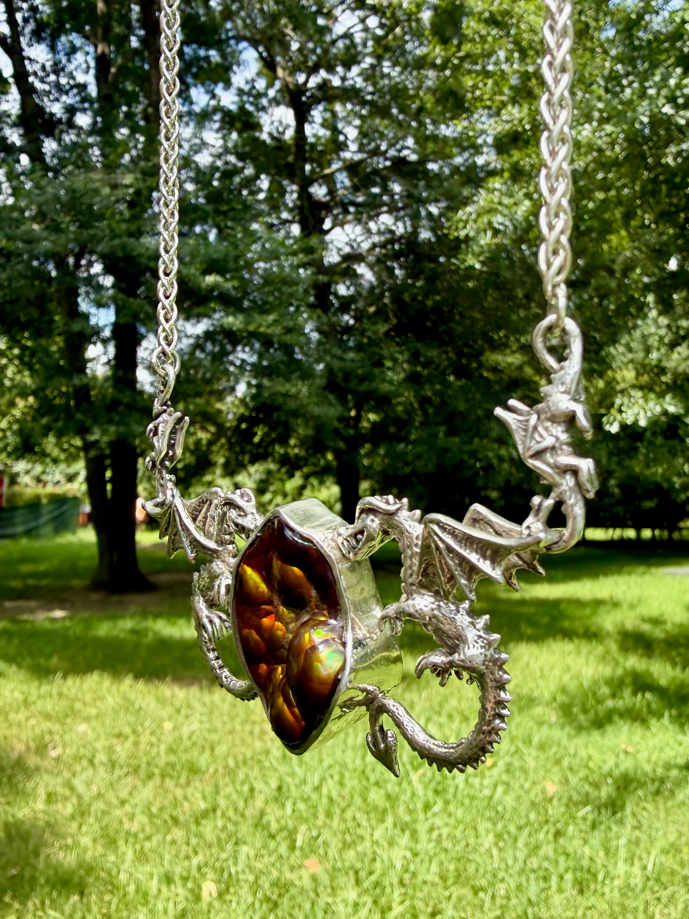Spike Dragon Neckpiece with Arizona Fire Agate - Sterling Silver