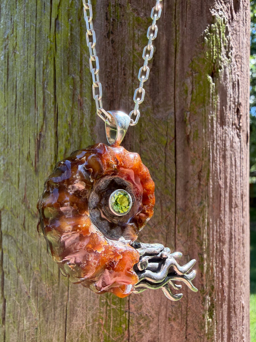 Large Spiky Fossilized Ammonite Nautilus Pendant with Peridot - Sterling Silver
