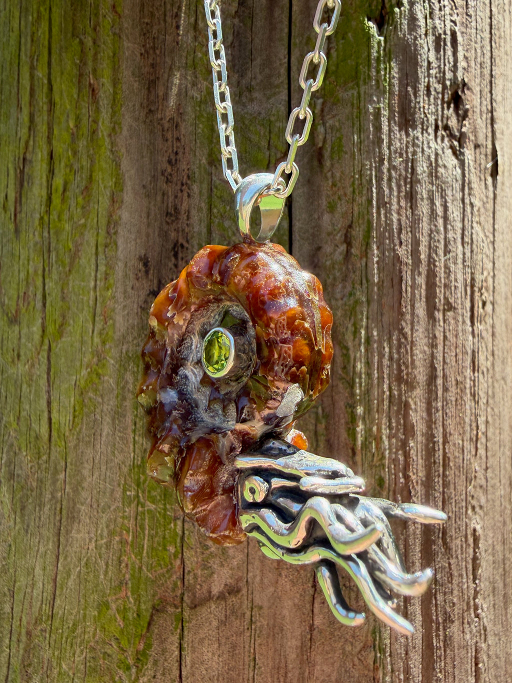 Large Spiky Fossilized Ammonite Nautilus Pendant with Peridot - Sterling Silver