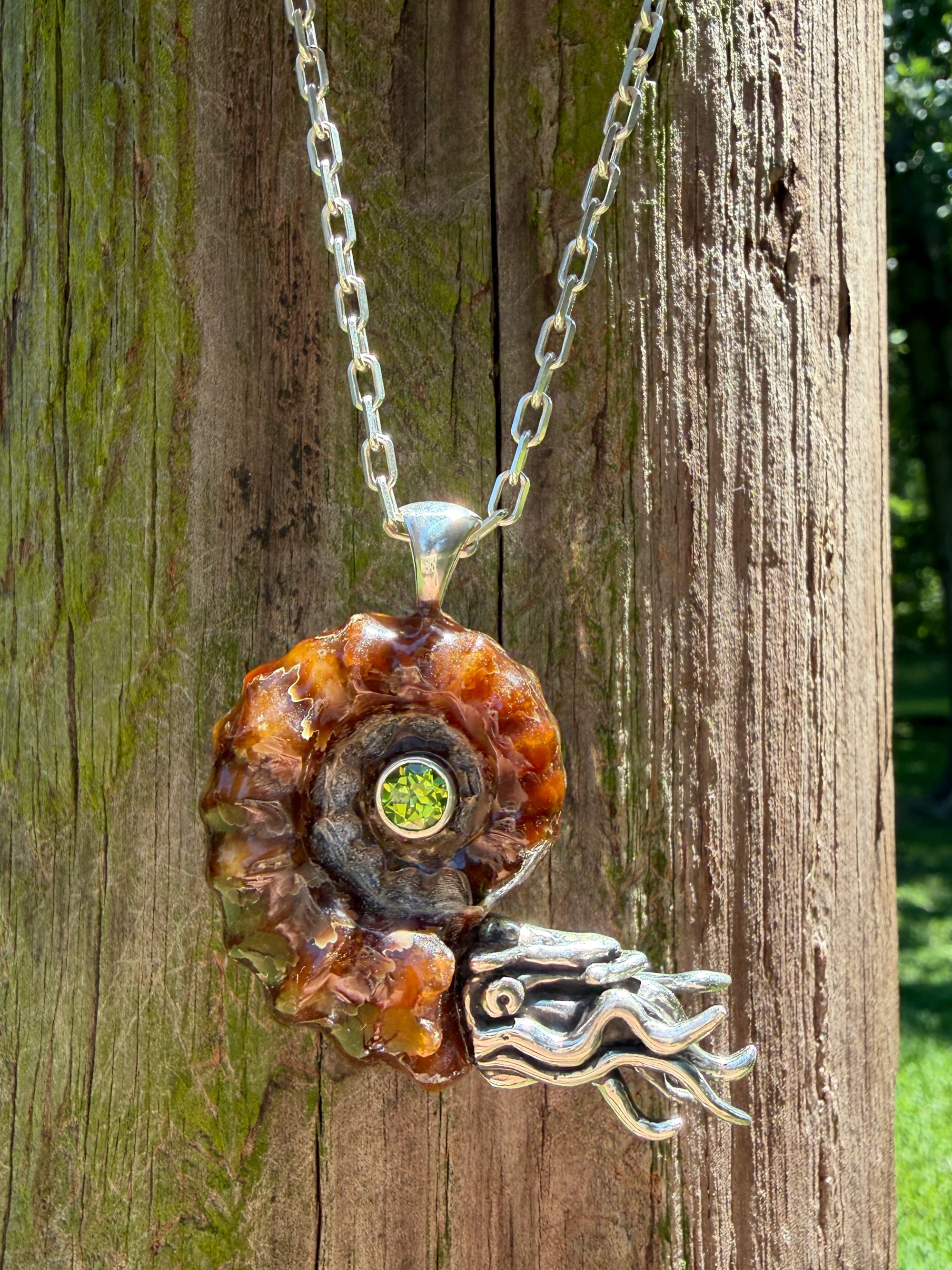 Large Spiky Fossilized Ammonite Nautilus Pendant with Peridot - Sterling Silver