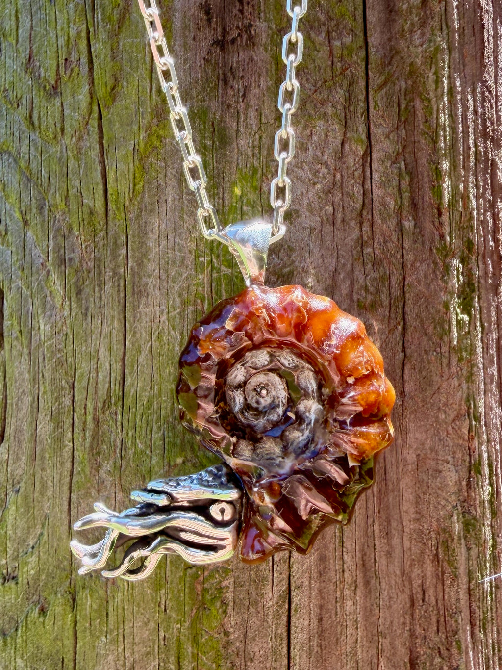 Large Spiky Fossilized Ammonite Nautilus Pendant with Peridot - Sterling Silver