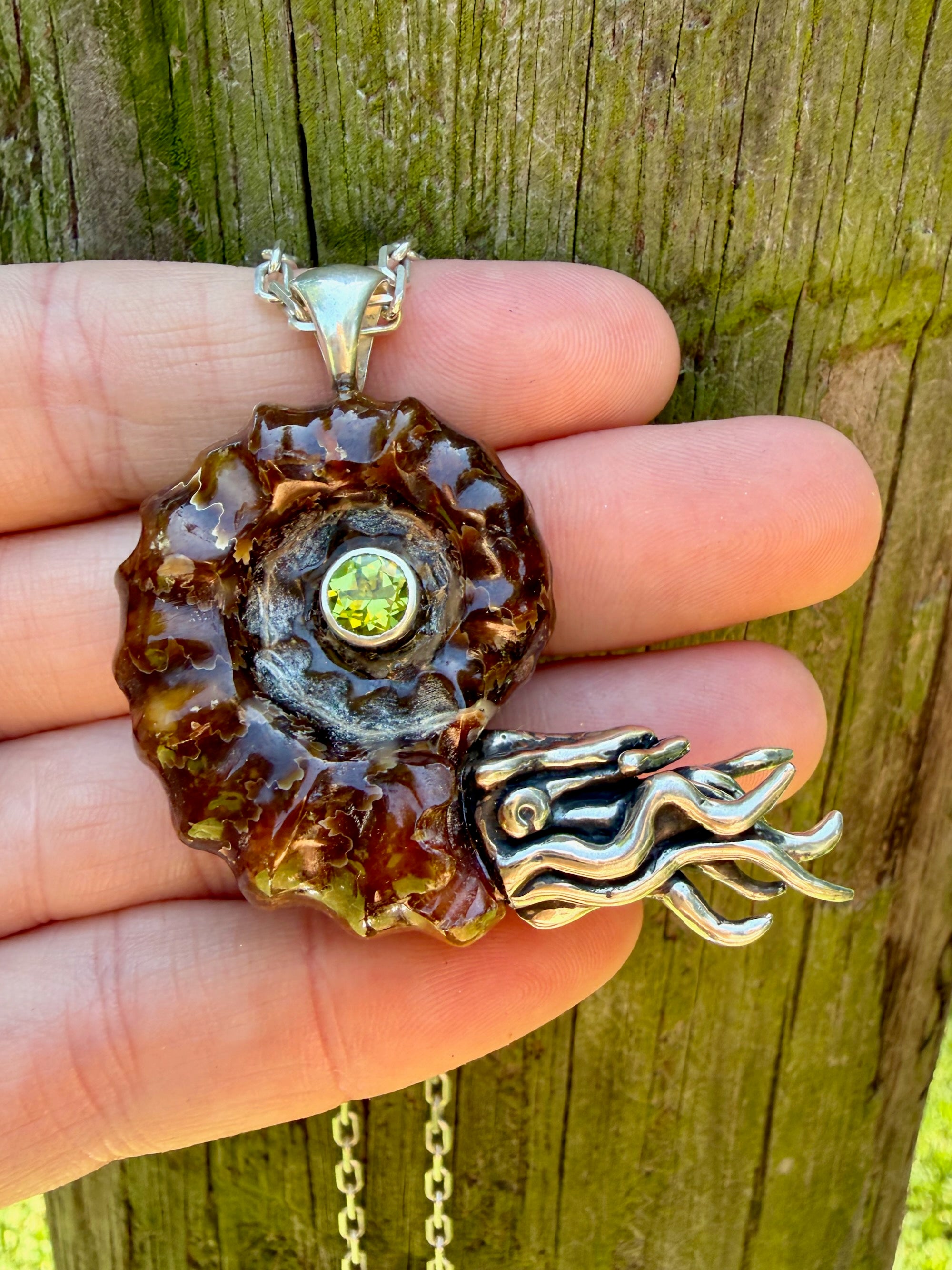 Large Spiky Fossilized Ammonite Nautilus Pendant with Peridot - Sterling Silver