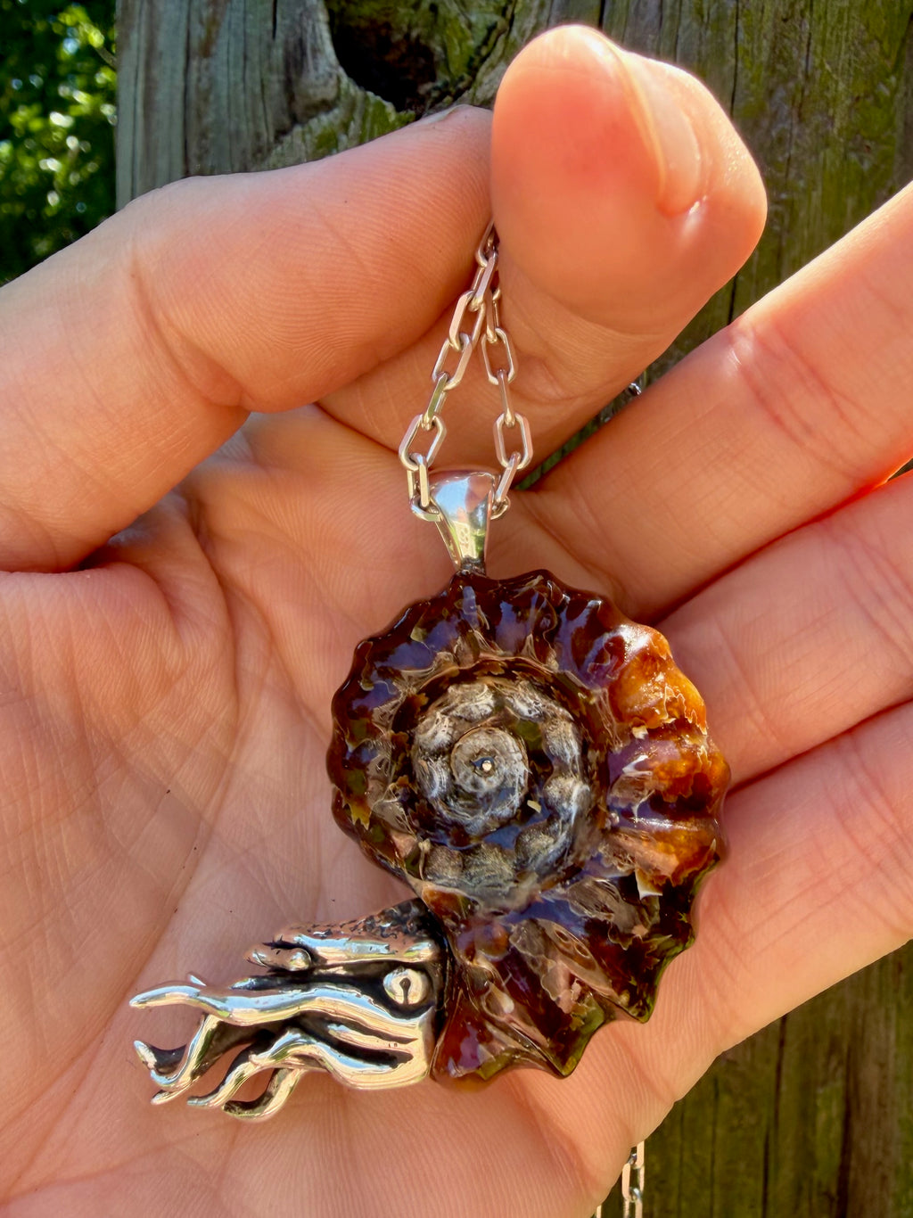 Large Spiky Fossilized Ammonite Nautilus Pendant with Peridot - Sterling Silver