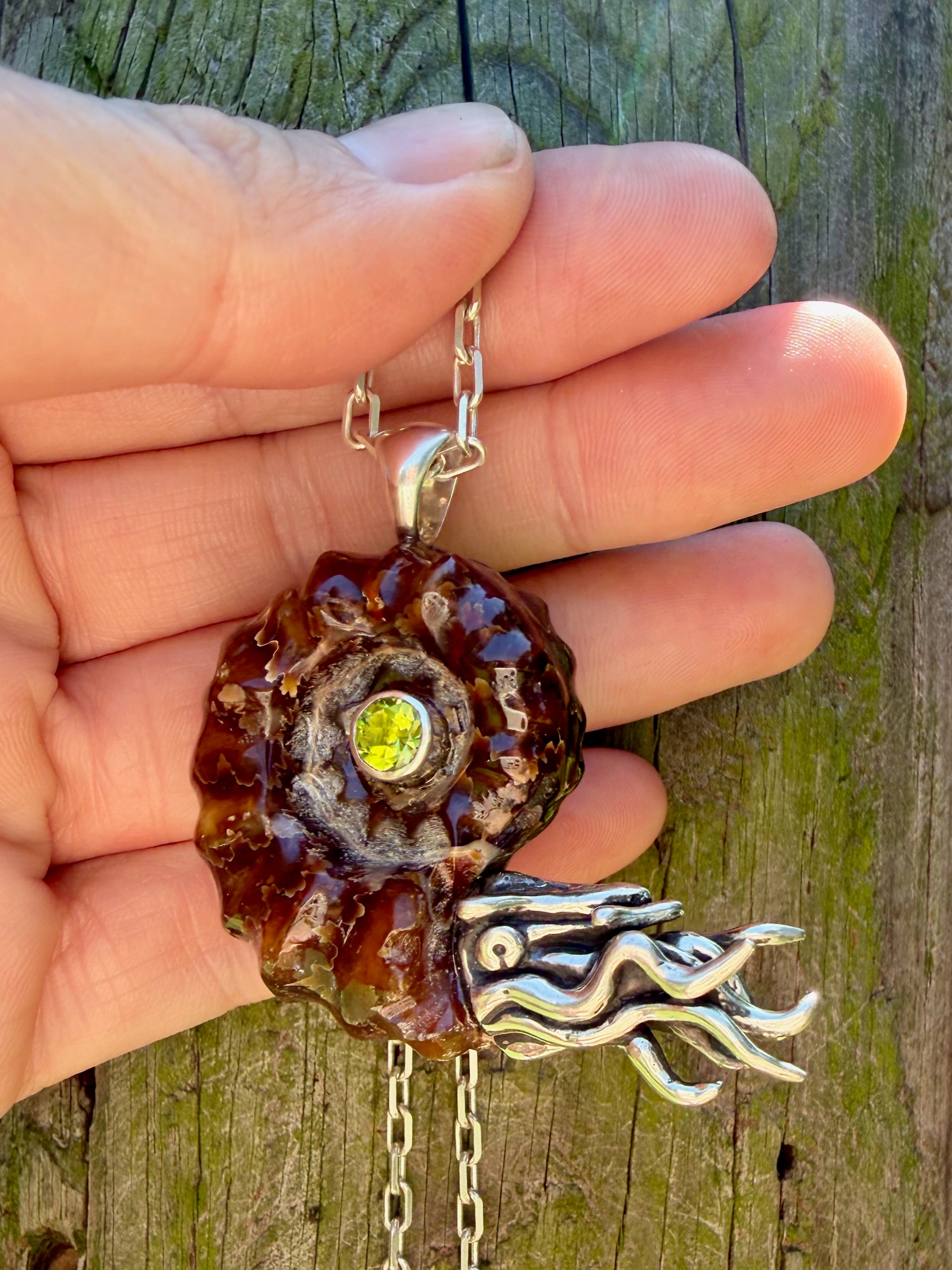 Large Spiky Fossilized Ammonite Nautilus Pendant with Peridot - Sterling Silver