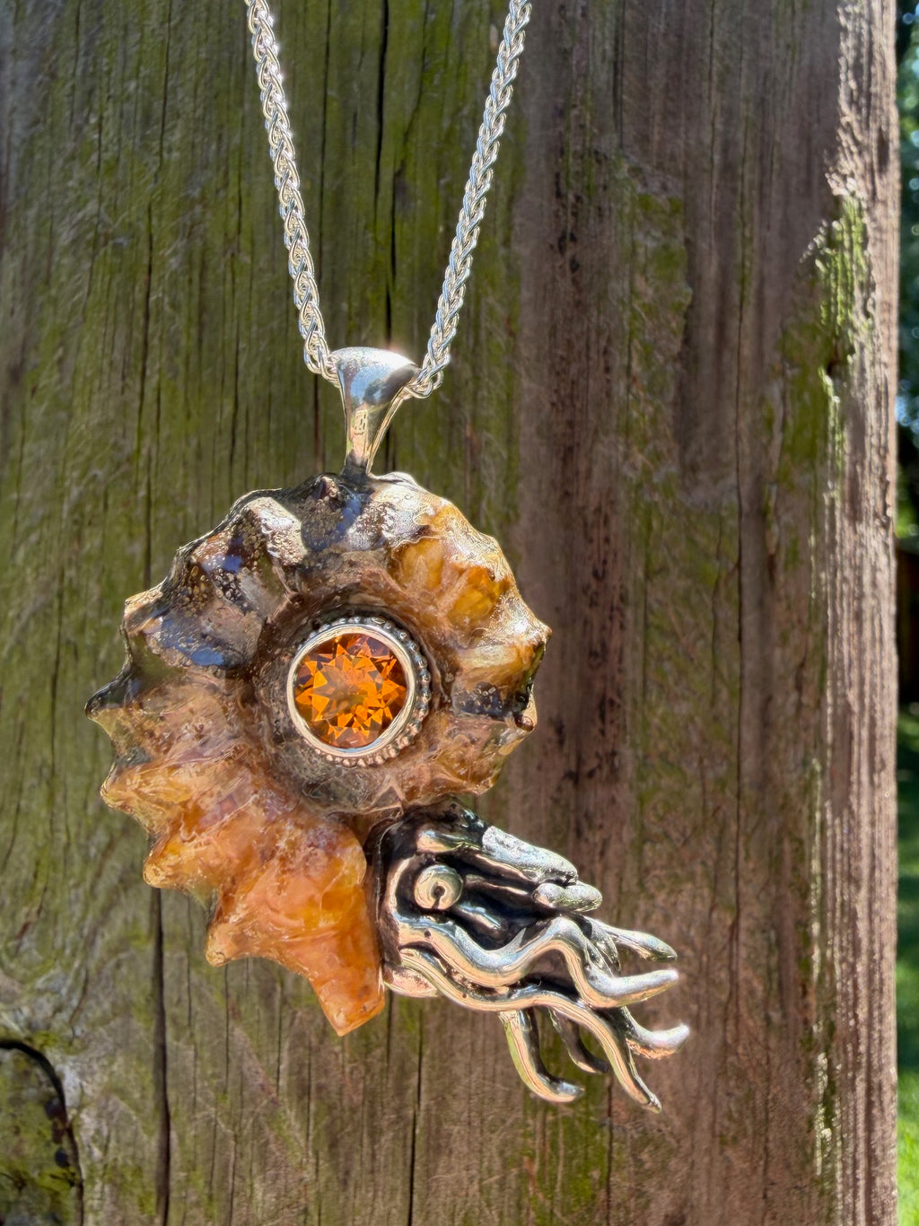 Spiky Fossilized Ammonite Nautilus Necklace with Citrine and Beaded Bezel - Sterling Silver