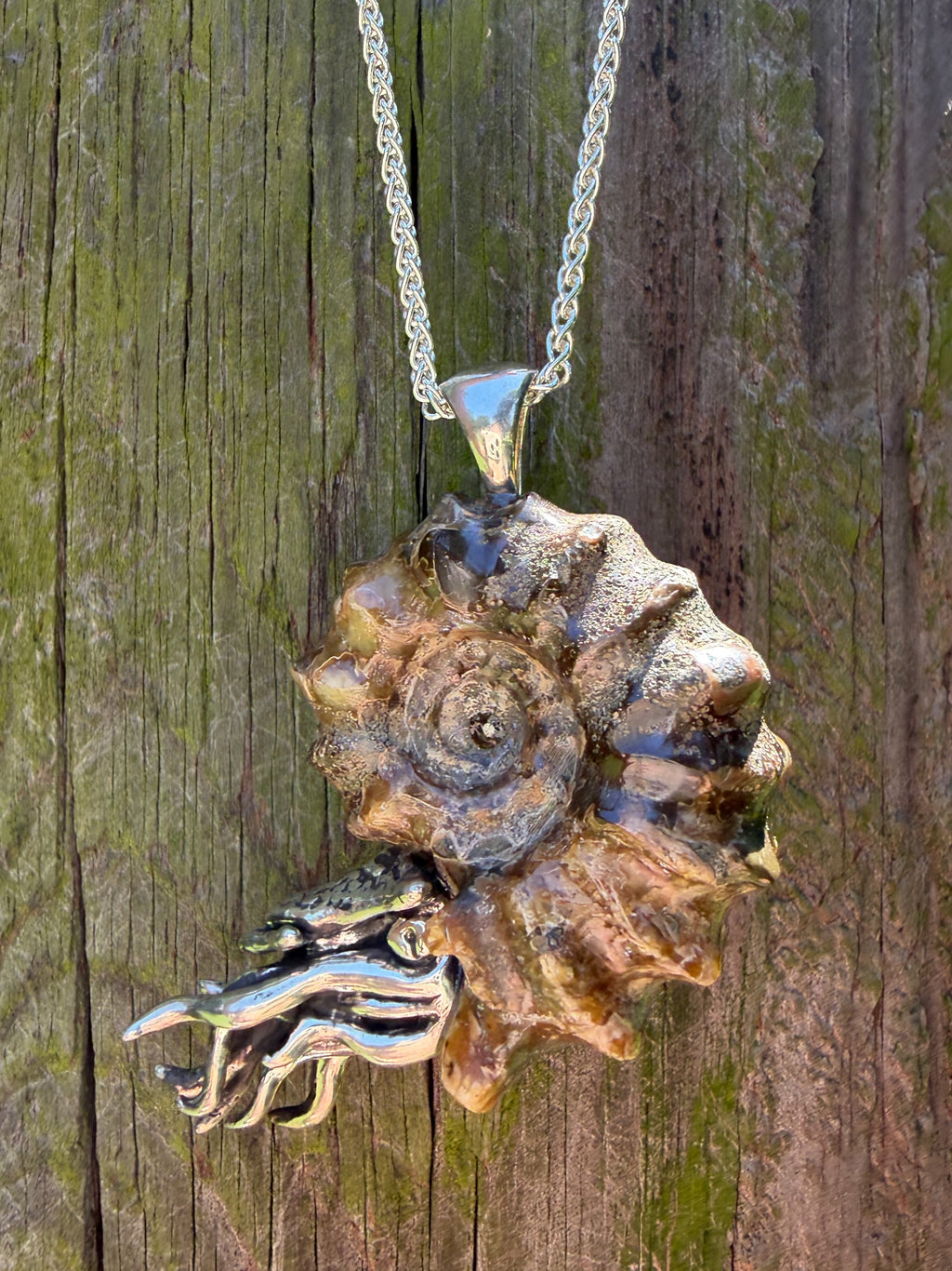 Spiky Fossilized Ammonite Nautilus Necklace with Citrine and Beaded Bezel - Sterling Silver