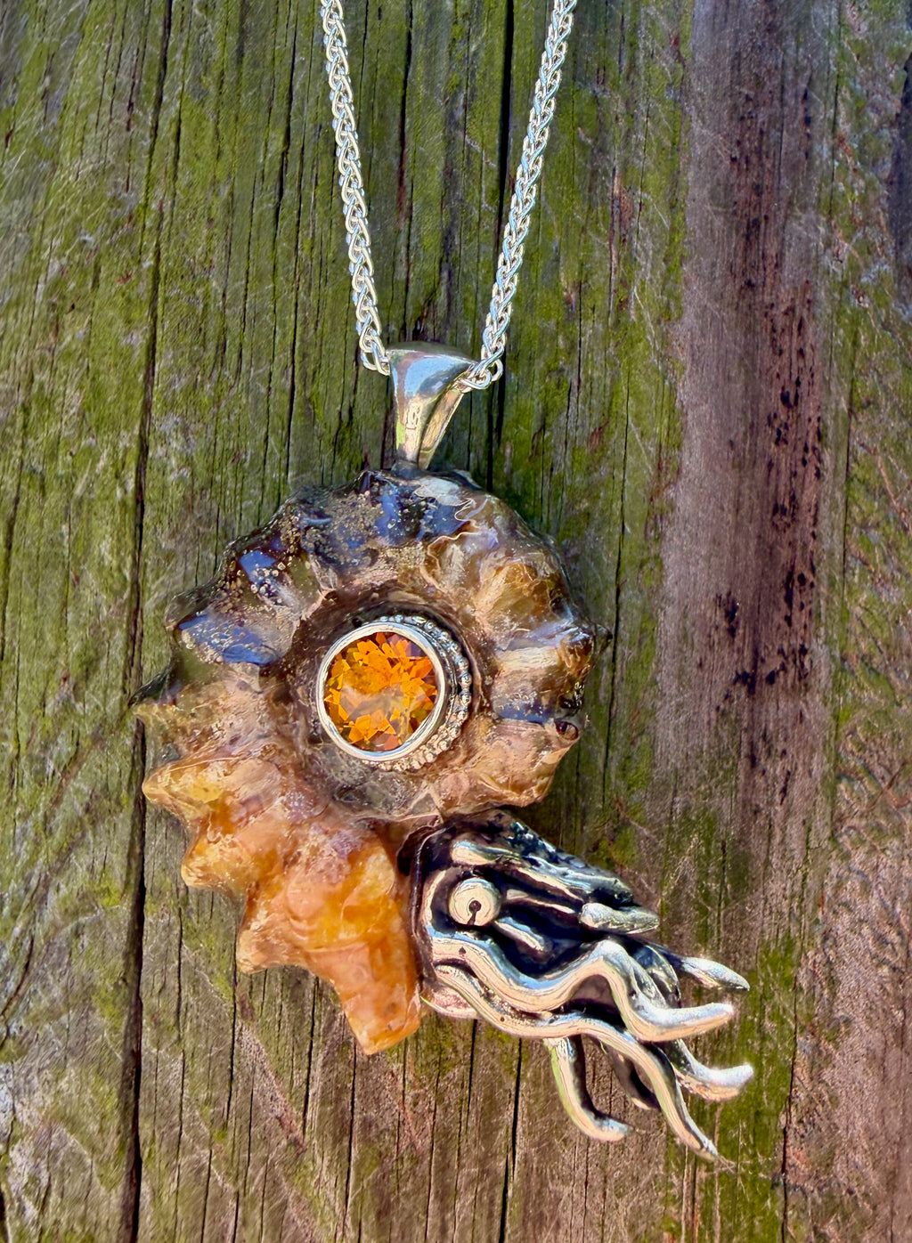 Spiky Fossilized Ammonite Nautilus Necklace with Citrine and Beaded Bezel - Sterling Silver