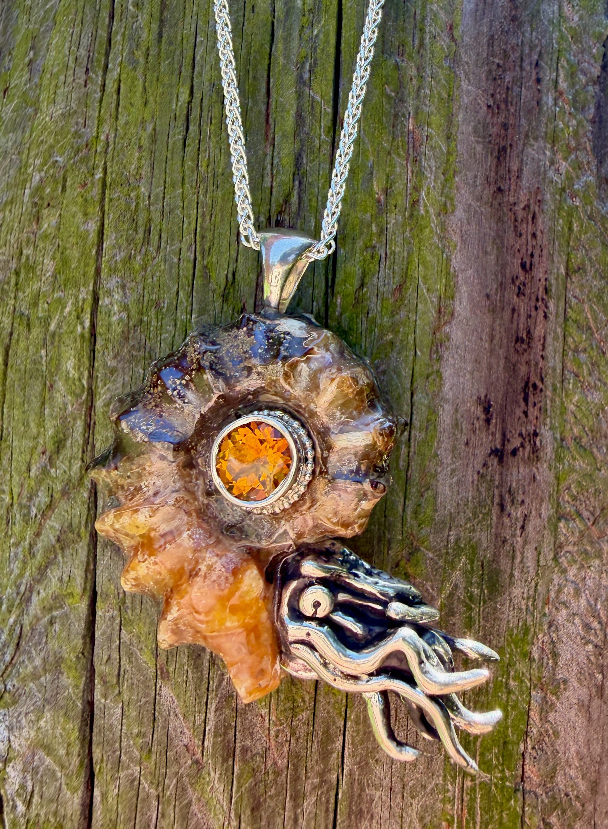 Spiky Fossilized Ammonite Nautilus Necklace with Citrine and Beaded Bezel - Sterling Silver