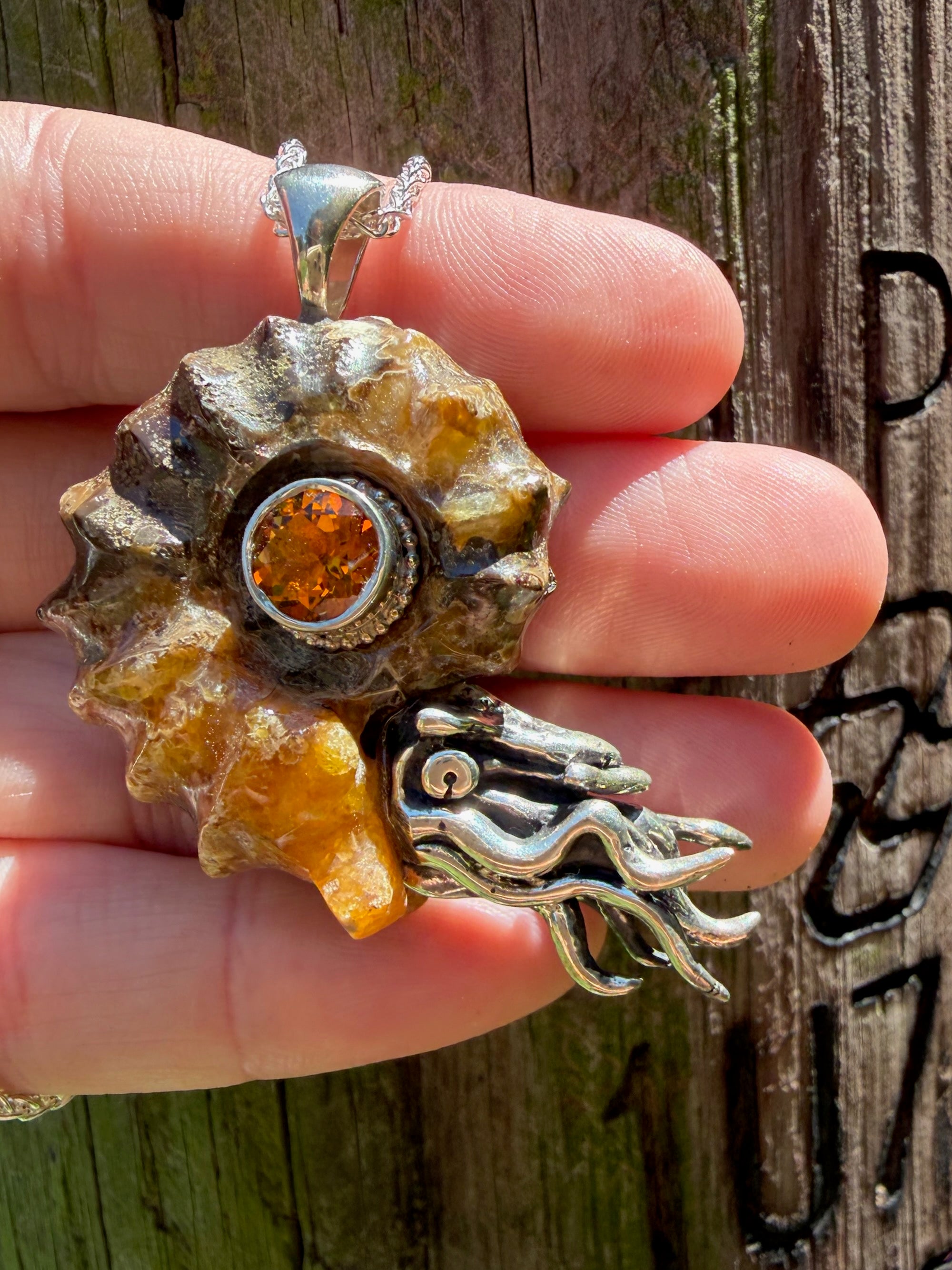 Spiky Fossilized Ammonite Nautilus Necklace with Citrine and Beaded Bezel - Sterling Silver