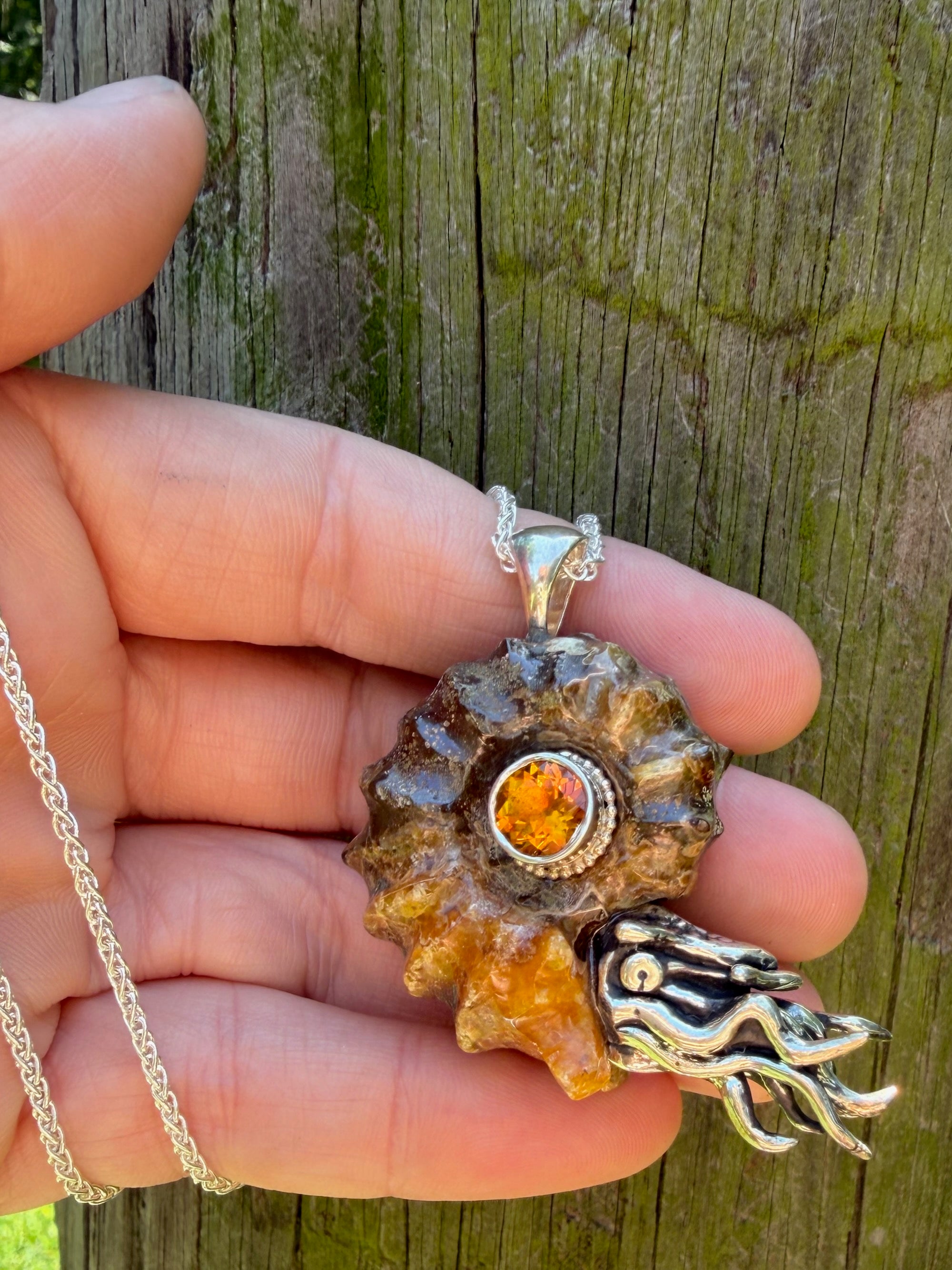 Spiky Fossilized Ammonite Nautilus Necklace with Citrine and Beaded Bezel - Sterling Silver