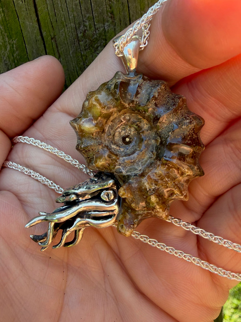 Spiky Fossilized Ammonite Nautilus Necklace with Citrine and Beaded Bezel - Sterling Silver
