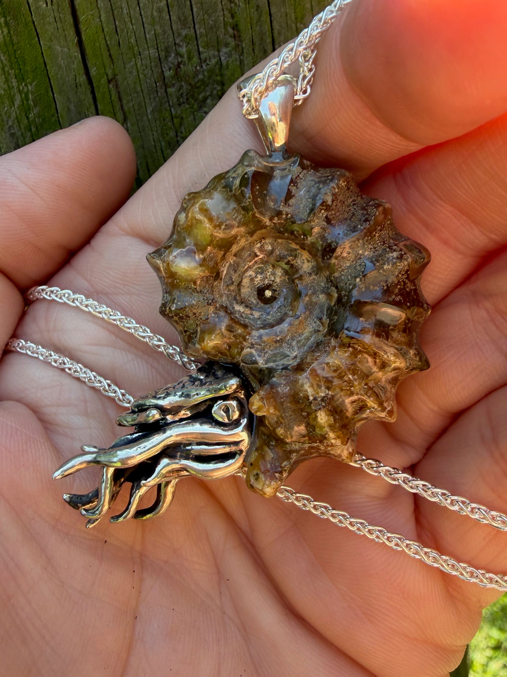 Spiky Fossilized Ammonite Nautilus Necklace with Citrine and Beaded Bezel - Sterling Silver