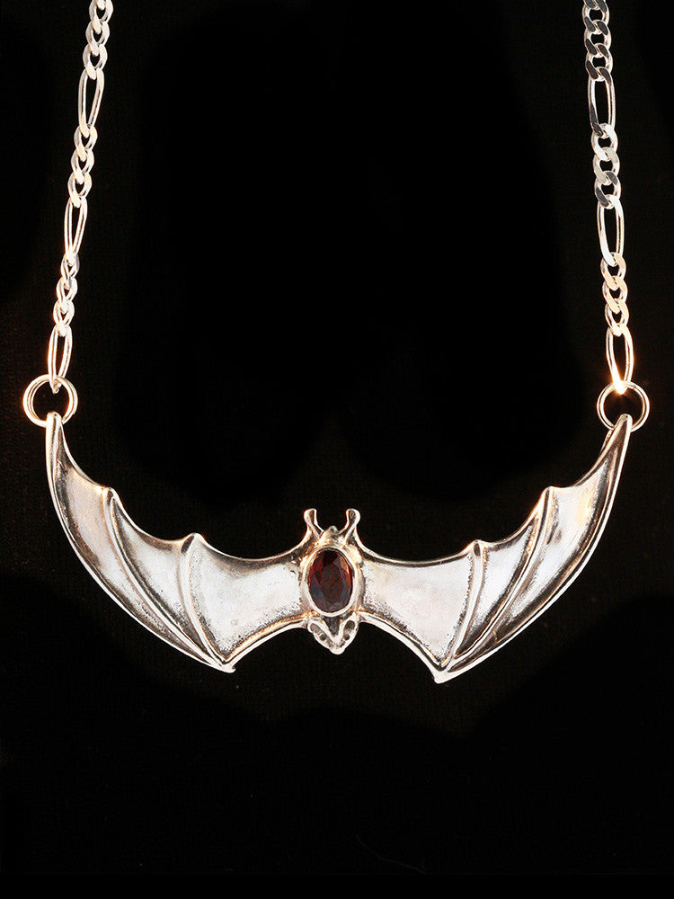 Large Spread Winged Bat Pendant with Gemstone Back in Silver