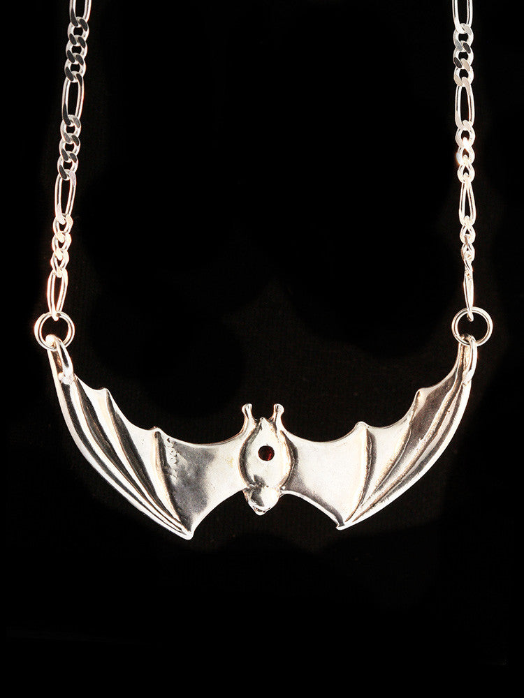 Large Spread Winged Bat Pendant with Gemstone Back in Silver