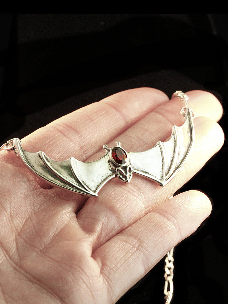 Large Spread Winged Bat Pendant with Mozambique Garnet in Silver