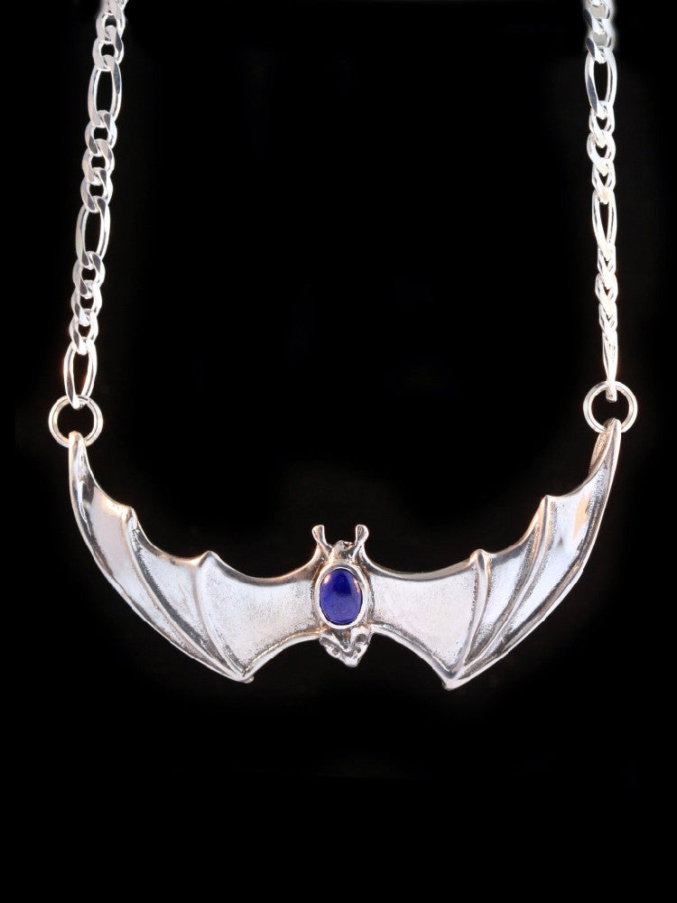 Large Spread Winged Bat Pendant with Lapis Lazuli in Silver