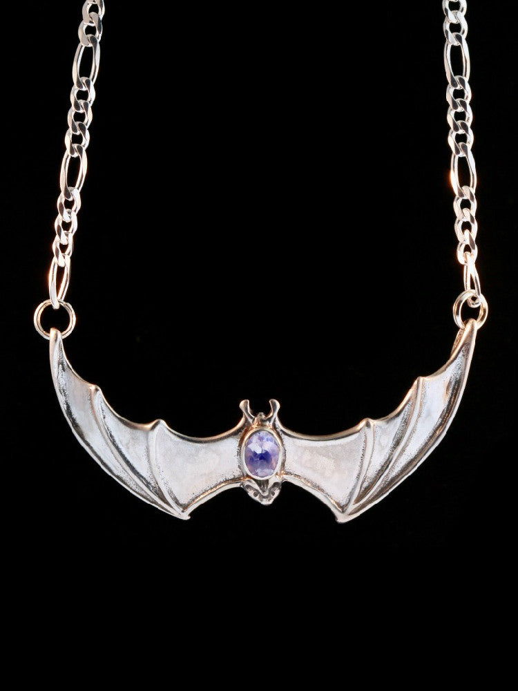 Large Spread Winged Bat Pendant with Rainbow Moonstone in Silver