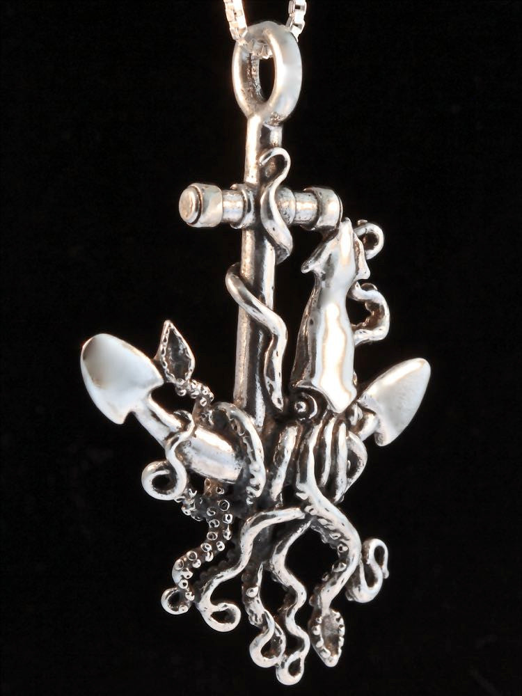 Anchor and Squid Pendant - Silver