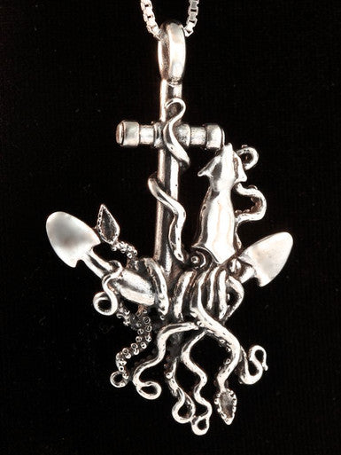 Kraken Squid and Anchor Pendant - Sterling Silver